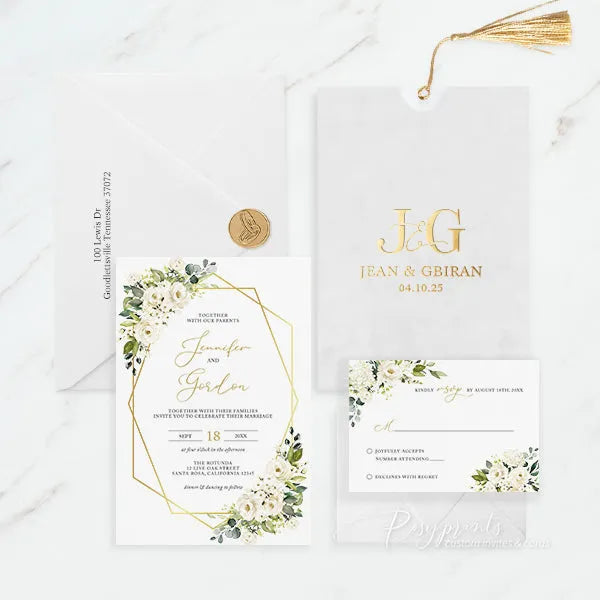 ivory flowers gold foil velvet wedding invitations