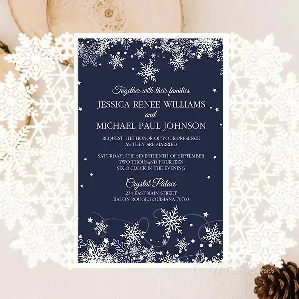 winter blue and silver snowflake wedding invitations