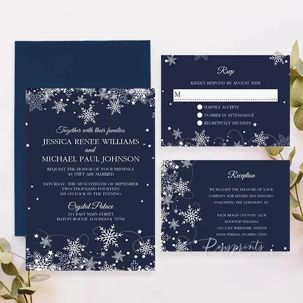 winter blue and silver snowflake wedding invitations