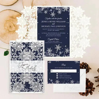 winter blue and silver snowflake wedding invitations