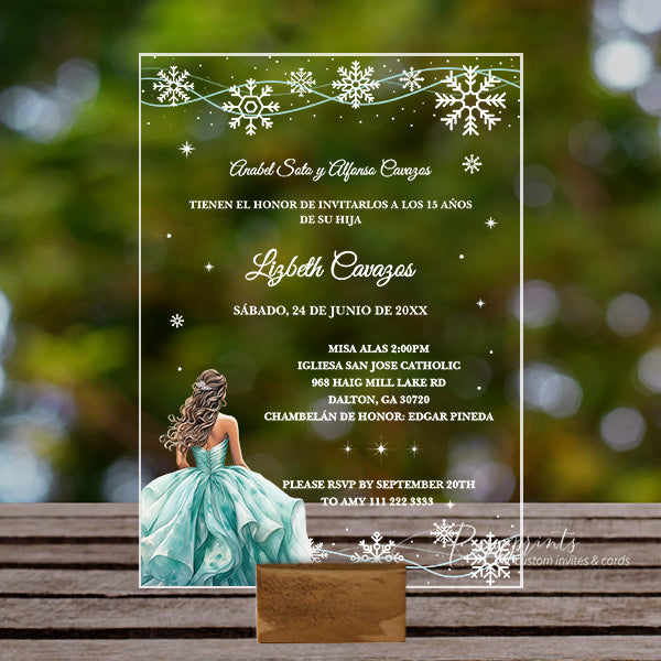 snowflake winter wonderland acrylic quince birthday invitations ROSYA105