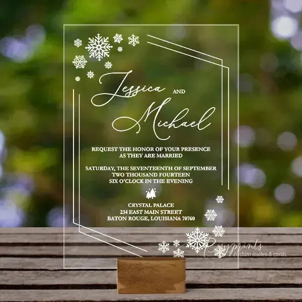 clear acrylic white snowflake winter invitations 