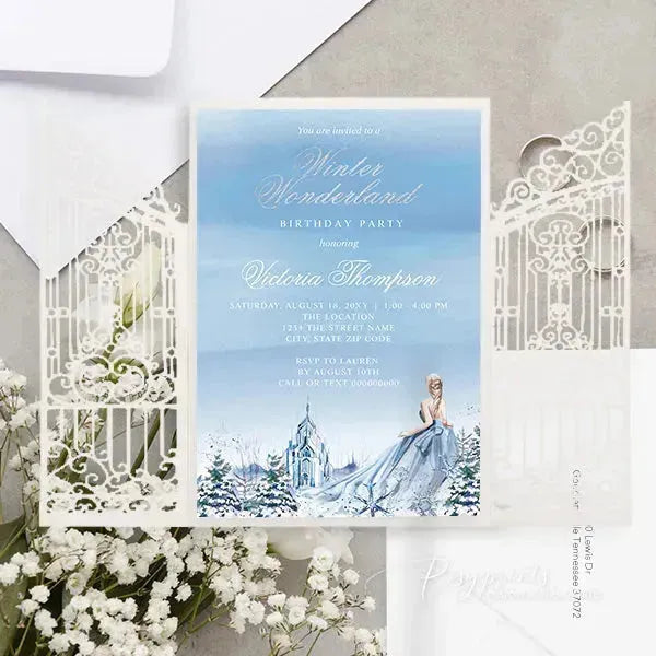 winter wonderland light blue sweet 16 invitations