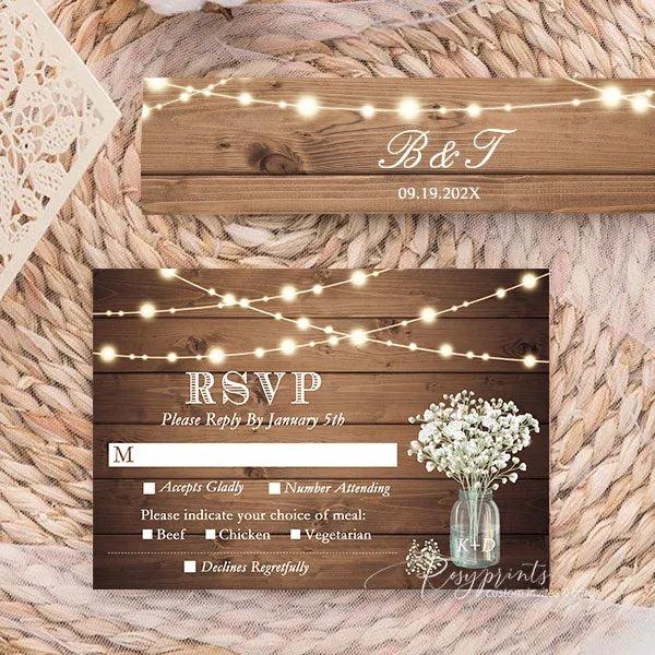 woodsy rustic wedding invitations with mason jar and baby's breath ROSYP62 - Rosy Prints