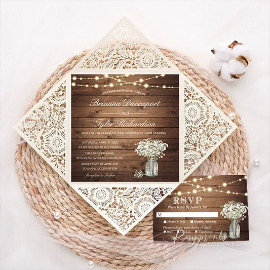 woodsy rustic wedding invitations with mason jar and baby's breath ROSYP62 - Rosy Prints