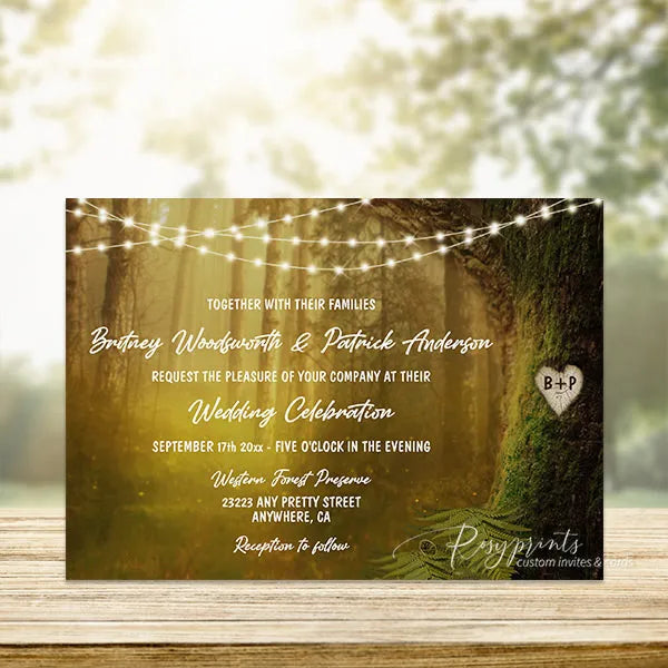 Carved heart enchanted forest wedding invitations RPS22