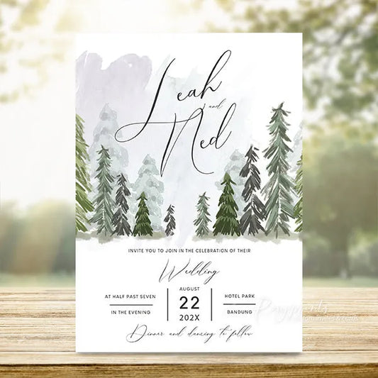 woodland green pine tree forest wedding invites RPS24